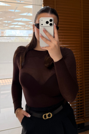 Kayık Yaka Kaşmir Kahve Transparan Body